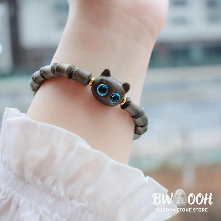 Buddha Stones Ebony Wood Green Sandalwood Cute Cat Peace Bracelet - BWOOOH - Bracelet