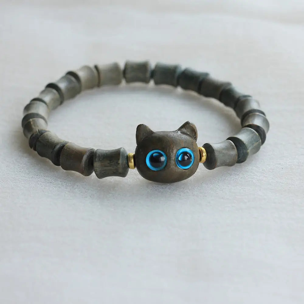 Buddha Stones Ebony Wood Green Sandalwood Cute Cat Peace Bracelet - BWOOOH - Green Sandalwood(Cure♥Positive) - Bracelet