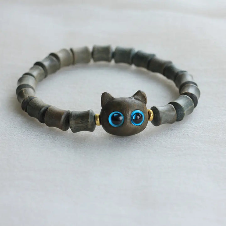 Buddha Stones Ebony Wood Green Sandalwood Cute Cat Peace Bracelet - BWOOOH - Green Sandalwood(Cure♥Positive) - Bracelet