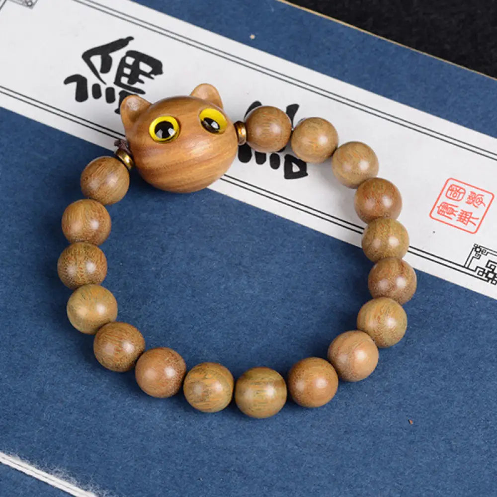 Buddha Stones Ebony Wood Green Sandalwood Red Sandalwood Lovely Cat Balance Bracelet - BWOOOH - Green Sandalwood Cat