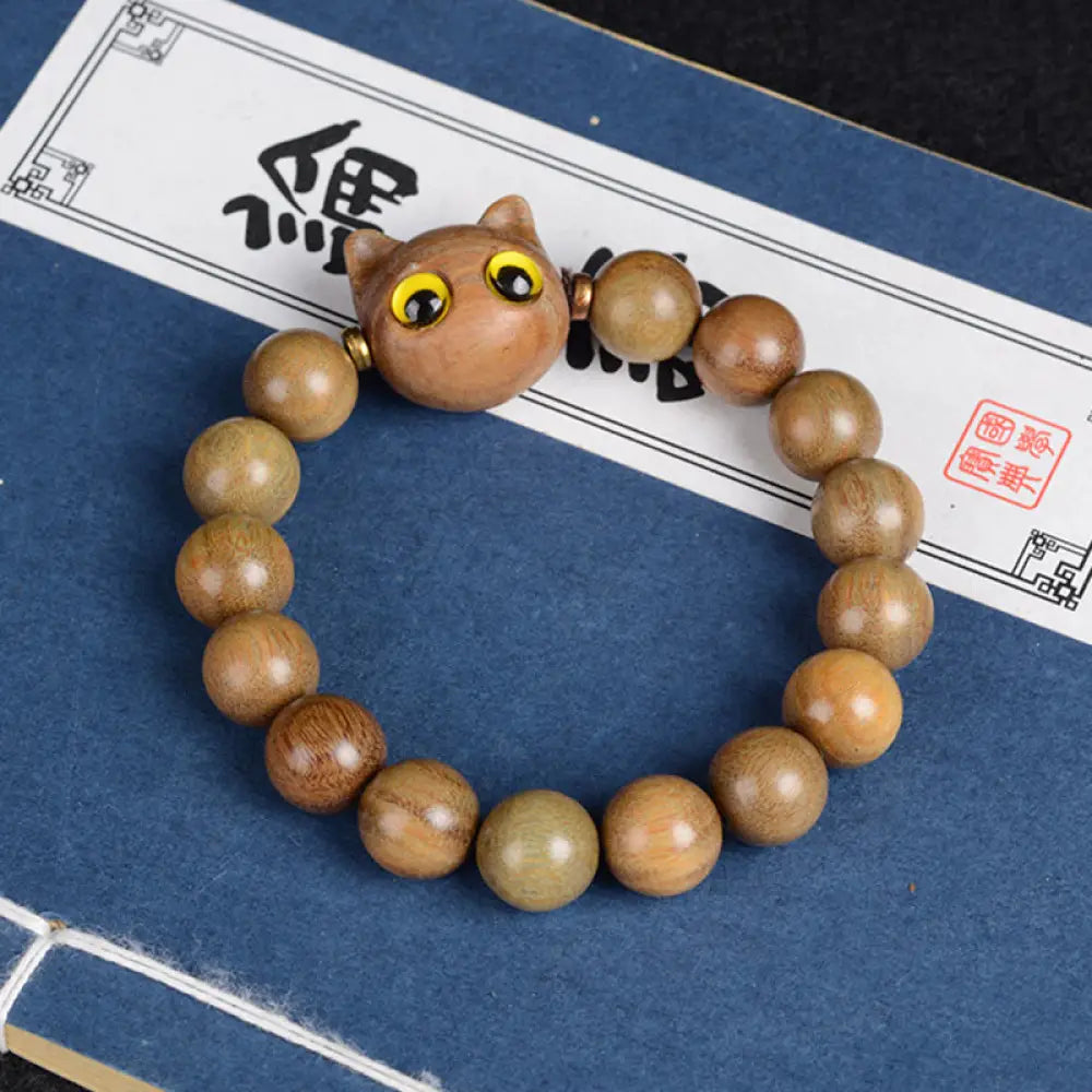 Buddha Stones Ebony Wood Green Sandalwood Red Sandalwood Lovely Cat Balance Bracelet - BWOOOH - Green Sandalwood Cat