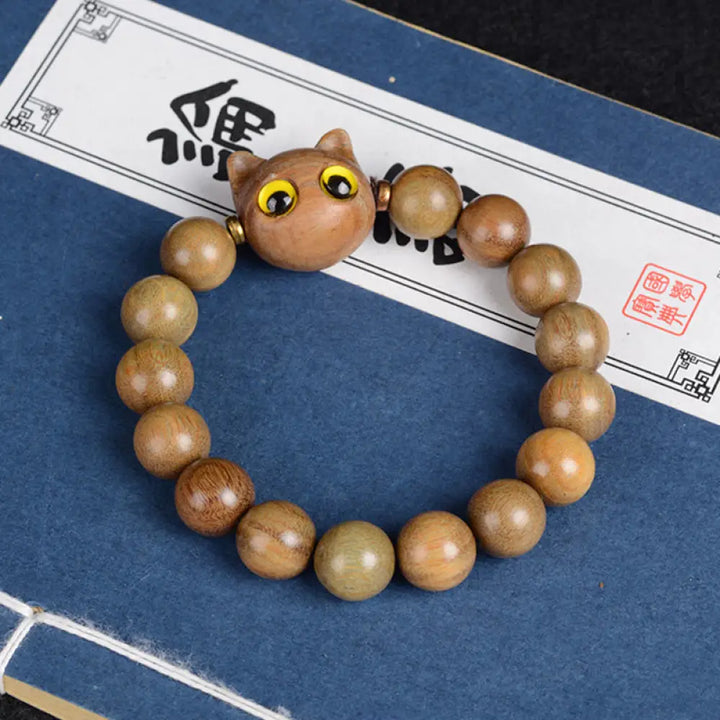 Buddha Stones Ebony Wood Green Sandalwood Red Sandalwood Lovely Cat Balance Bracelet - BWOOOH - Green Sandalwood Cat