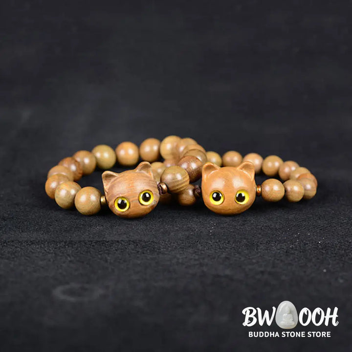 Buddha Stones Ebony Wood Green Sandalwood Red Sandalwood Lovely Cat Balance Bracelet - BWOOOH - Bracelet