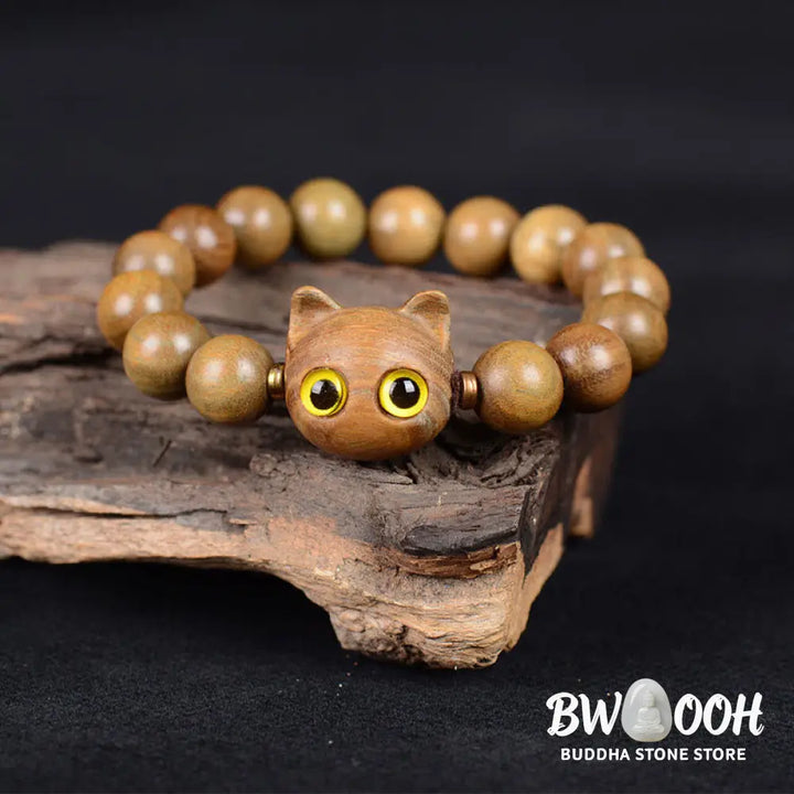 Buddha Stones Ebony Wood Green Sandalwood Red Sandalwood Lovely Cat Balance Bracelet - BWOOOH - Bracelet