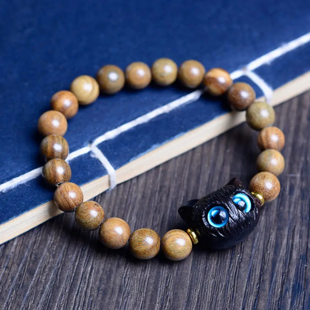 Buddha Stones Ebony Wood Green Sandalwood Red Sandalwood Lovely Cat Balance Bracelet - BWOOOH - Red Sandalwood Cat