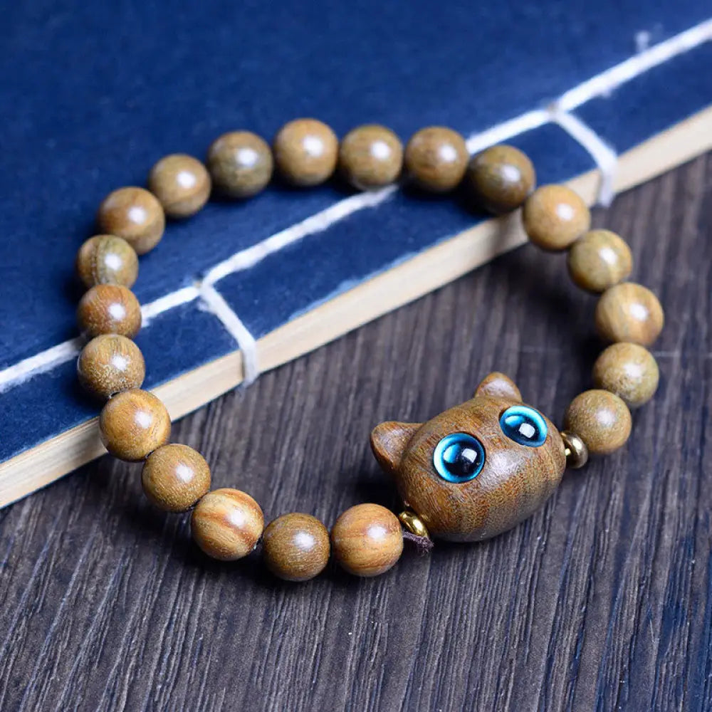 Buddha Stones Ebony Wood Green Sandalwood Red Sandalwood Lovely Cat Balance Bracelet - BWOOOH - Green Sandalwood Cat