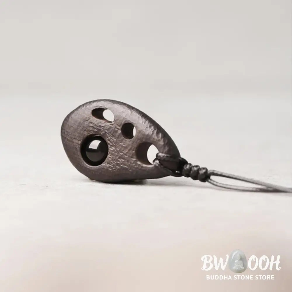 Buddha Stones Ebony Wood Hollow Inlaid Obsidian Peace Calm Necklace Pendant - BWOOOH - Ebony Wood Obsidian - Necklaces
