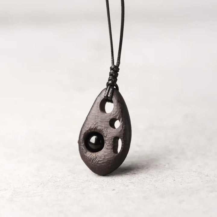 Buddha Stones Ebony Wood Hollow Inlaid Obsidian Peace Calm Necklace Pendant - BWOOOH - Ebony Wood Obsidian - Necklaces
