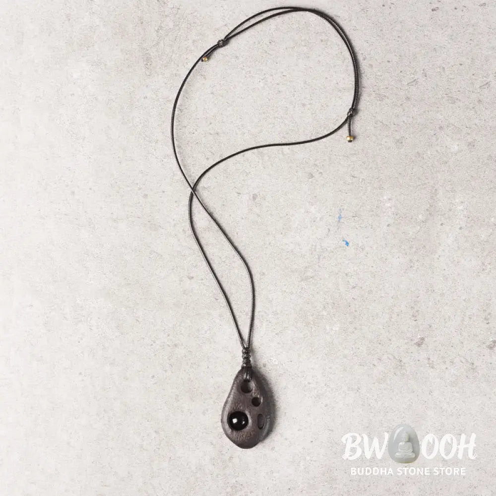 Buddha Stones Ebony Wood Hollow Inlaid Obsidian Peace Calm Necklace Pendant - BWOOOH - Ebony Wood Obsidian - Necklaces
