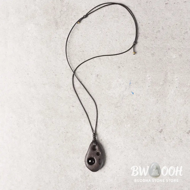Buddha Stones Ebony Wood Hollow Inlaid Obsidian Peace Calm Necklace Pendant - BWOOOH - Ebony Wood Obsidian - Necklaces