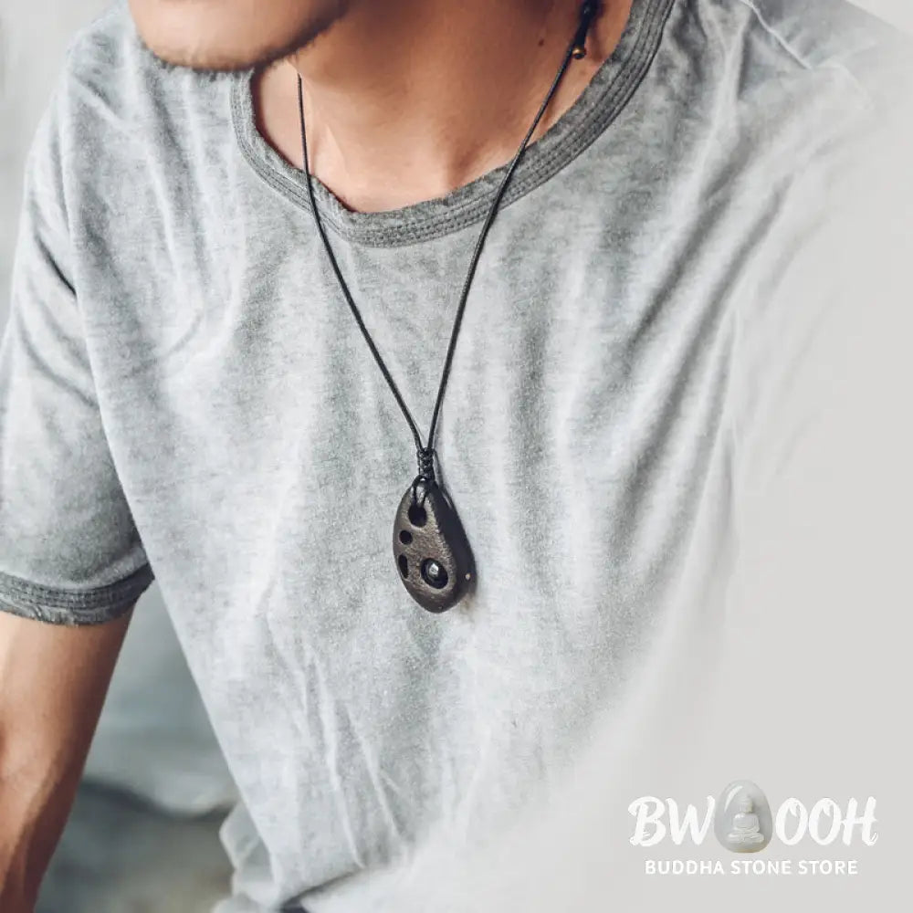 Buddha Stones Ebony Wood Hollow Inlaid Obsidian Peace Calm Necklace Pendant - BWOOOH - Ebony Wood Obsidian - Necklaces