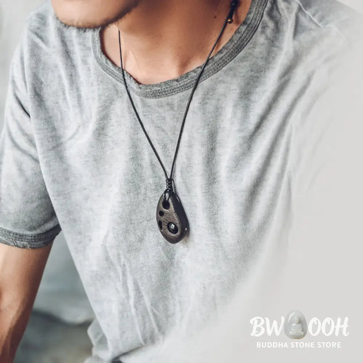 Buddha Stones Ebony Wood Hollow Inlaid Obsidian Peace Calm Necklace Pendant - BWOOOH - Ebony Wood Obsidian - Necklaces