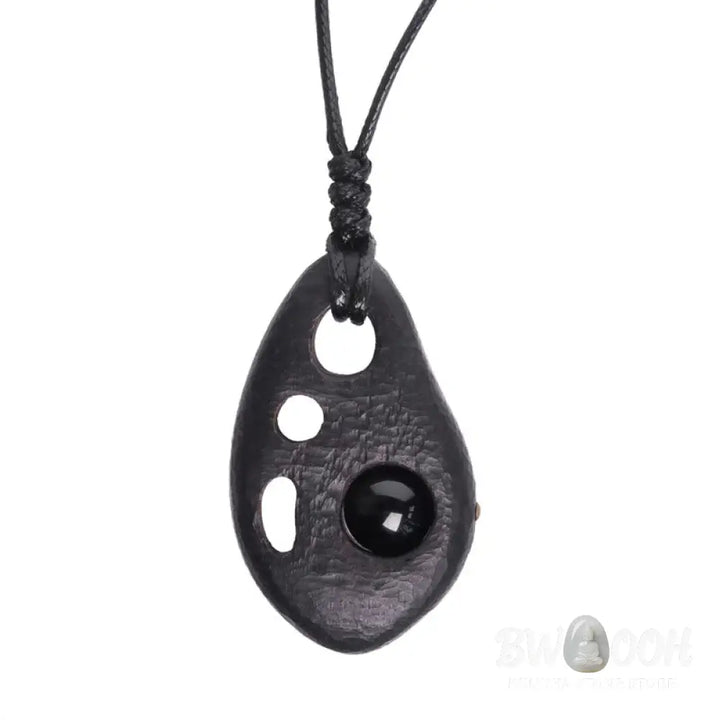 Buddha Stones Ebony Wood Hollow Inlaid Obsidian Peace Calm Necklace Pendant - BWOOOH - Ebony Wood Obsidian - Necklaces