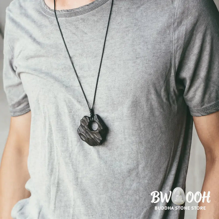Buddha Stones Ebony Wood Hollow Irregular Shape Peace Balance Necklace Pendant - BWOOOH - Ebony Wood - Necklaces &amp;