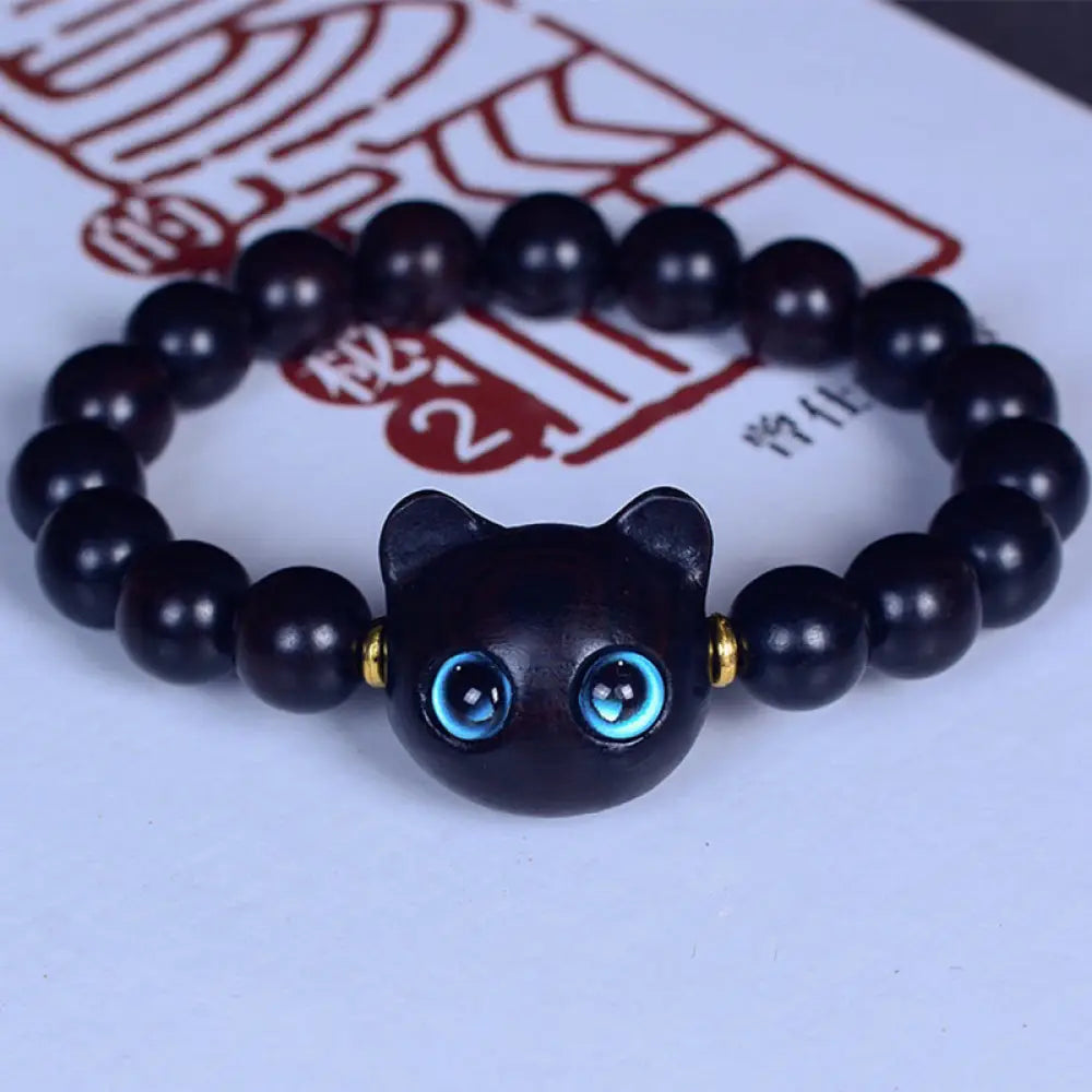 Buddha Stones Ebony Wood Liuli Glass Lovely Cat Peace Balance Bracelet - BWOOOH - Ebony 10mm*15 Beads(Wrist