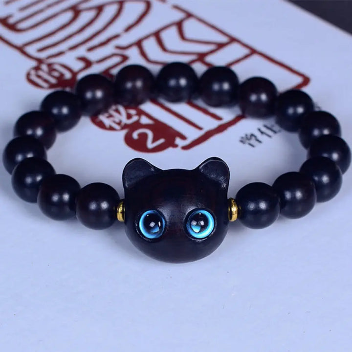 Buddha Stones Ebony Wood Liuli Glass Lovely Cat Peace Balance Bracelet - BWOOOH - Ebony 10mm*15 Beads(Wrist
