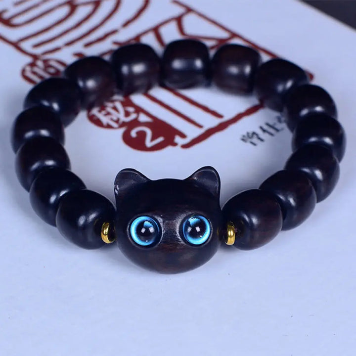 Buddha Stones Ebony Wood Liuli Glass Lovely Cat Peace Balance Bracelet - BWOOOH - Ebony 12*11mm*15 Beads(Wrist