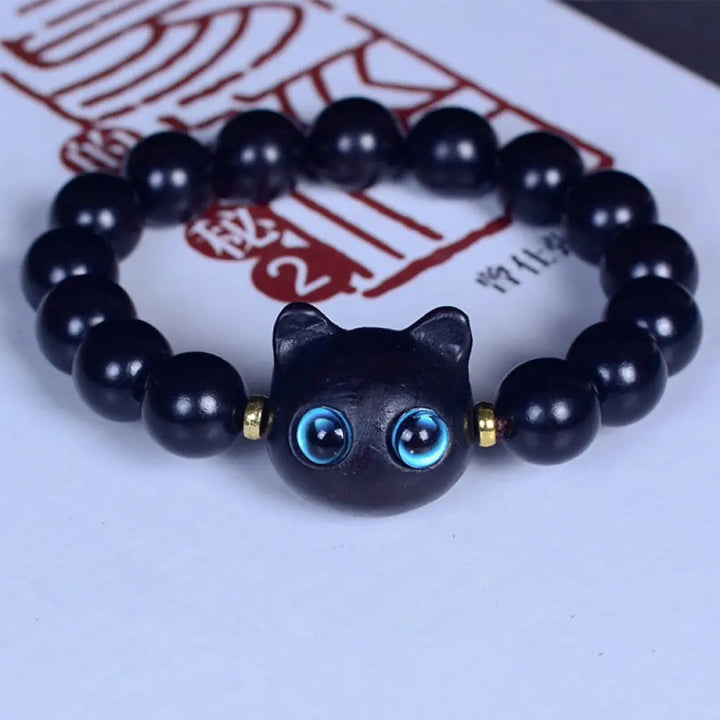 Buddha Stones Ebony Wood Liuli Glass Lovely Cat Peace Balance Bracelet - BWOOOH - Ebony 12mm*15 Beads(Wrist