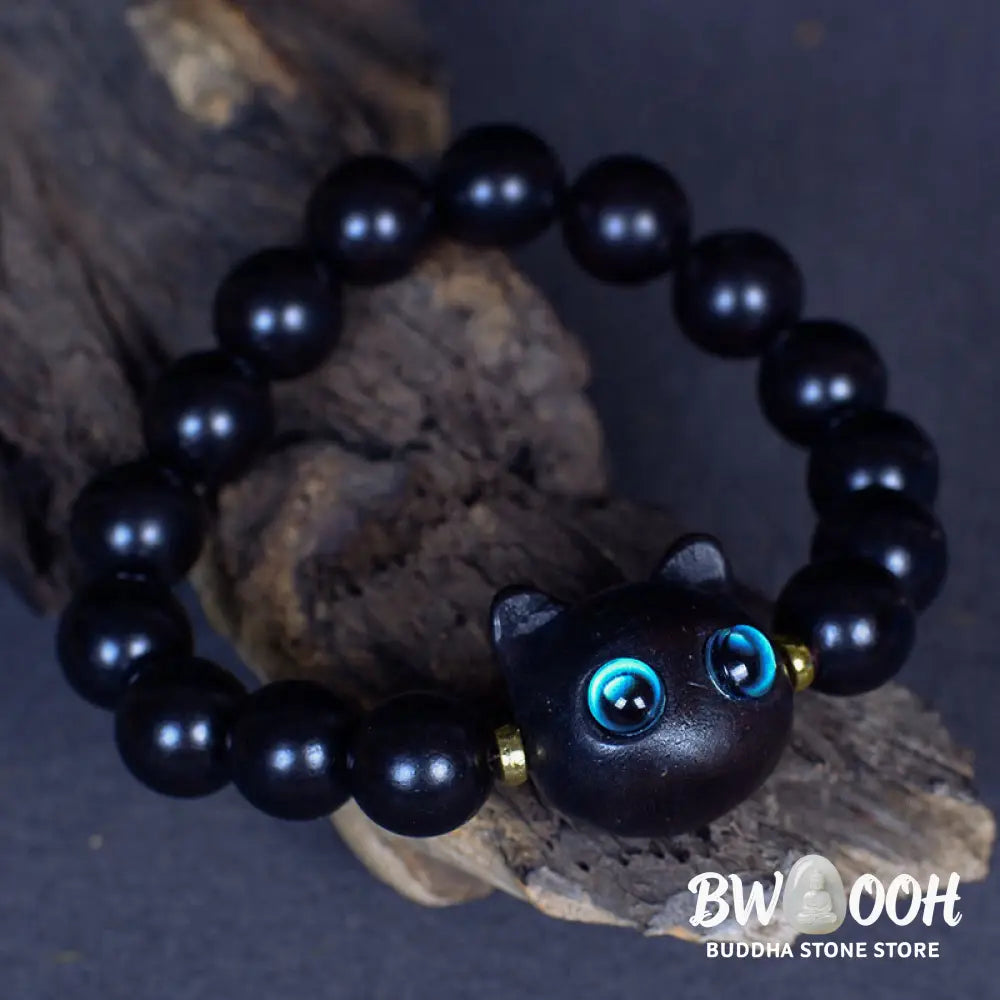Buddha Stones Ebony Wood Liuli Glass Lovely Cat Peace Balance Bracelet - BWOOOH - Bracelet