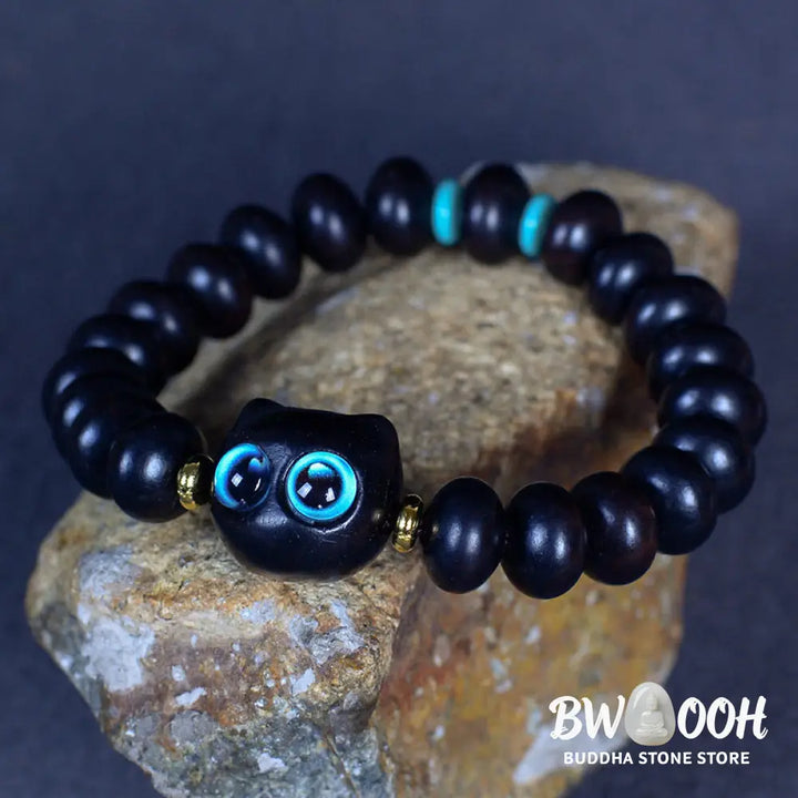 Buddha Stones Ebony Wood Liuli Glass Lovely Cat Peace Balance Bracelet - BWOOOH - Bracelet