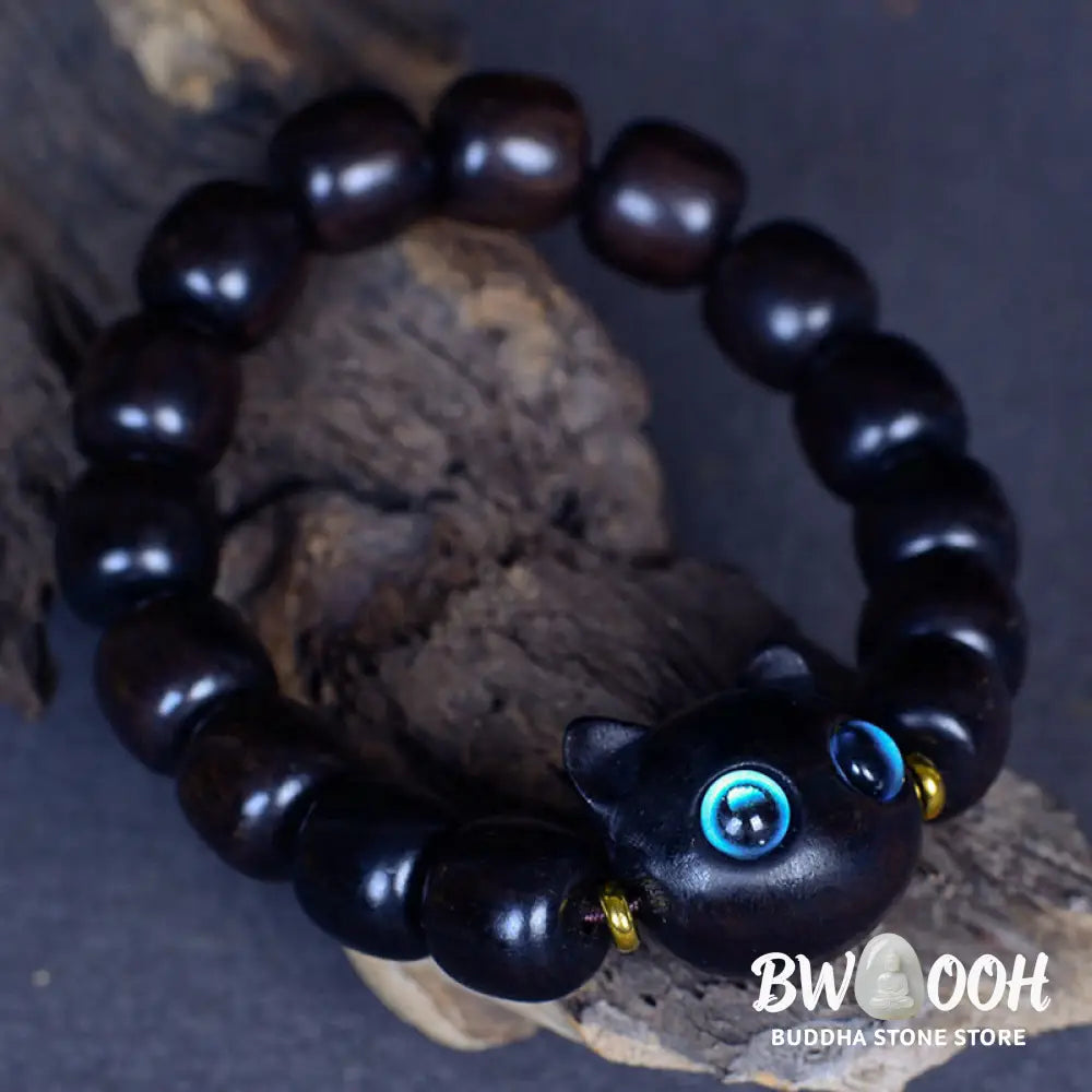 Buddha Stones Ebony Wood Liuli Glass Lovely Cat Peace Balance Bracelet - BWOOOH - Bracelet
