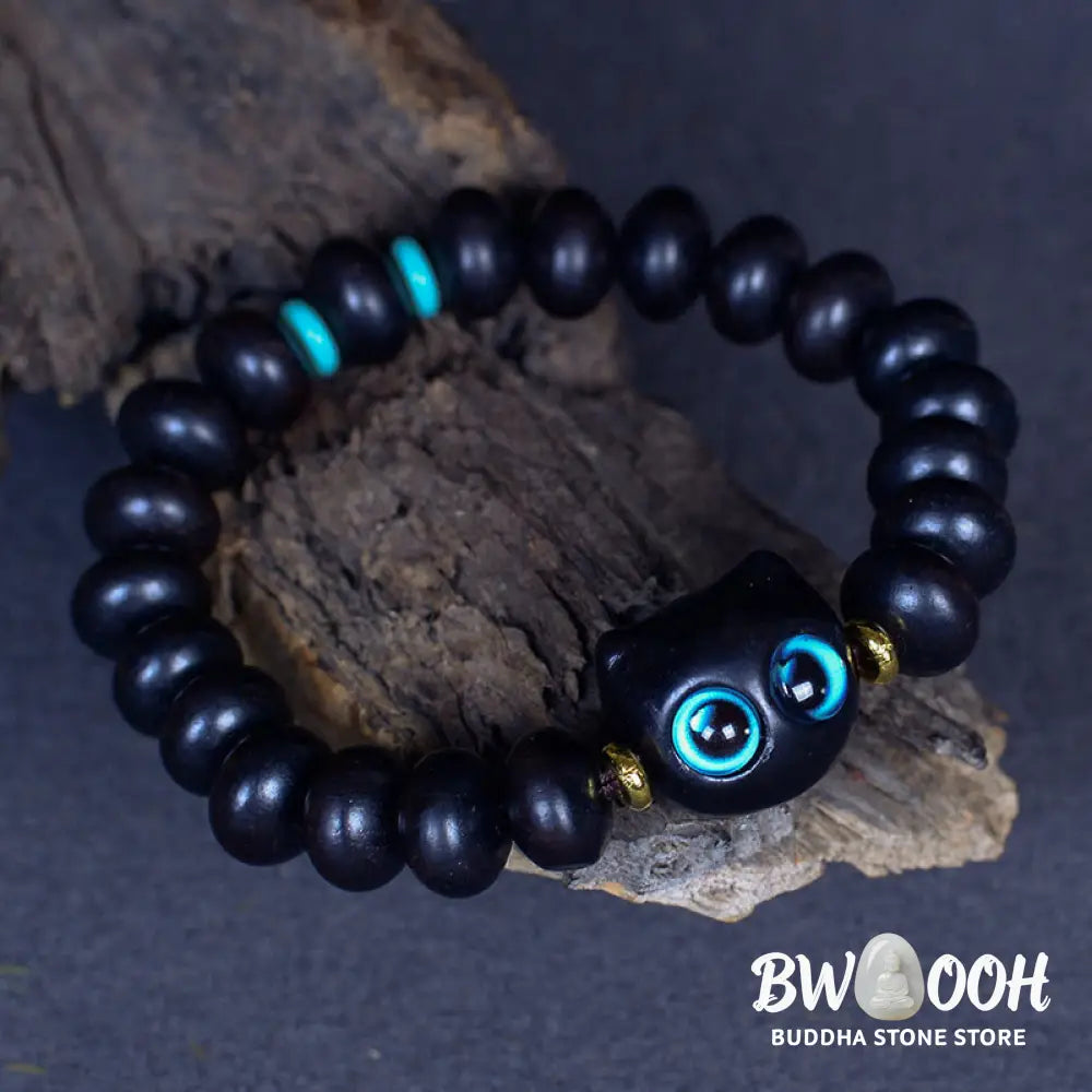 Buddha Stones Ebony Wood Liuli Glass Lovely Cat Peace Balance Bracelet - BWOOOH - Bracelet
