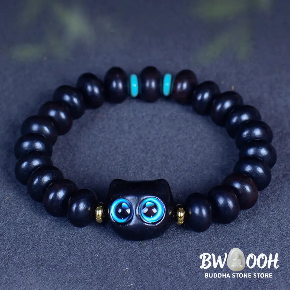 Buddha Stones Ebony Wood Liuli Glass Lovely Cat Peace Balance Bracelet - BWOOOH - Bracelet