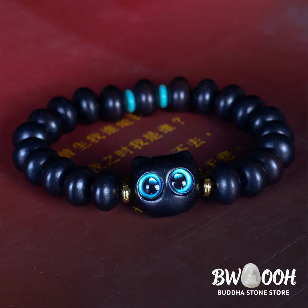Buddha Stones Ebony Wood Liuli Glass Lovely Cat Peace Balance Bracelet - BWOOOH - Bracelet