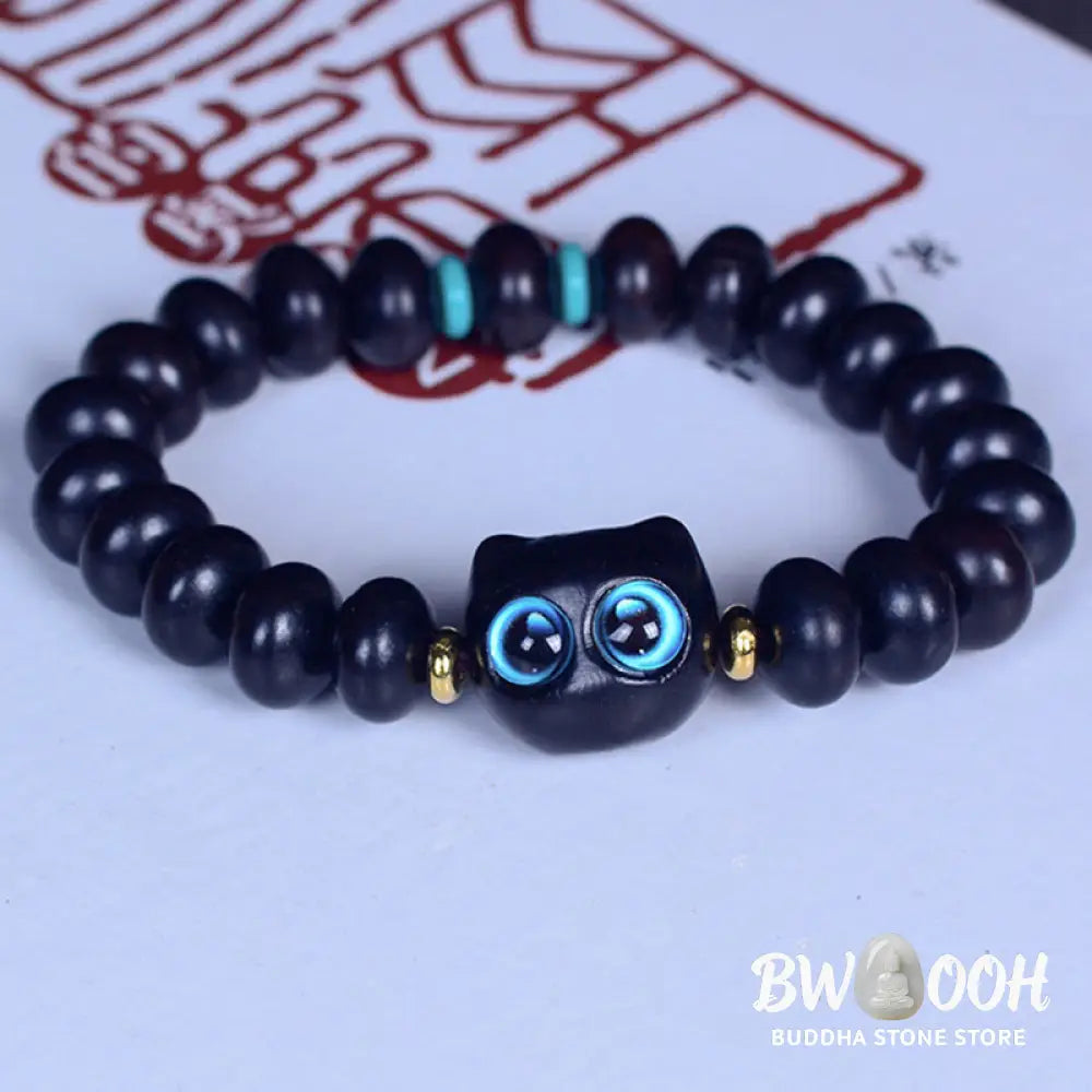 Buddha Stones Ebony Wood Liuli Glass Lovely Cat Peace Balance Bracelet - BWOOOH - Bracelet