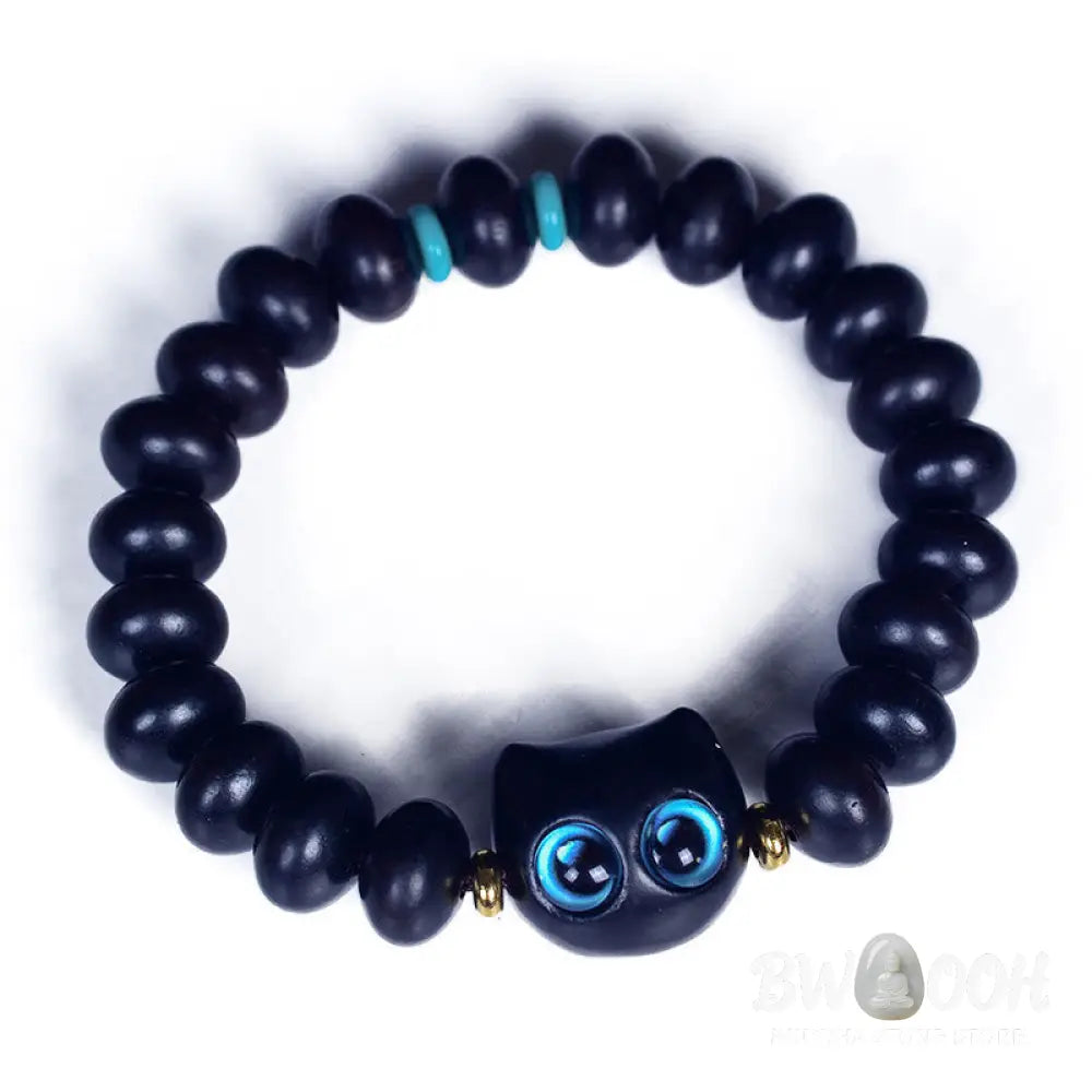 Buddha Stones Ebony Wood Liuli Glass Lovely Cat Peace Balance Bracelet - BWOOOH - Bracelet