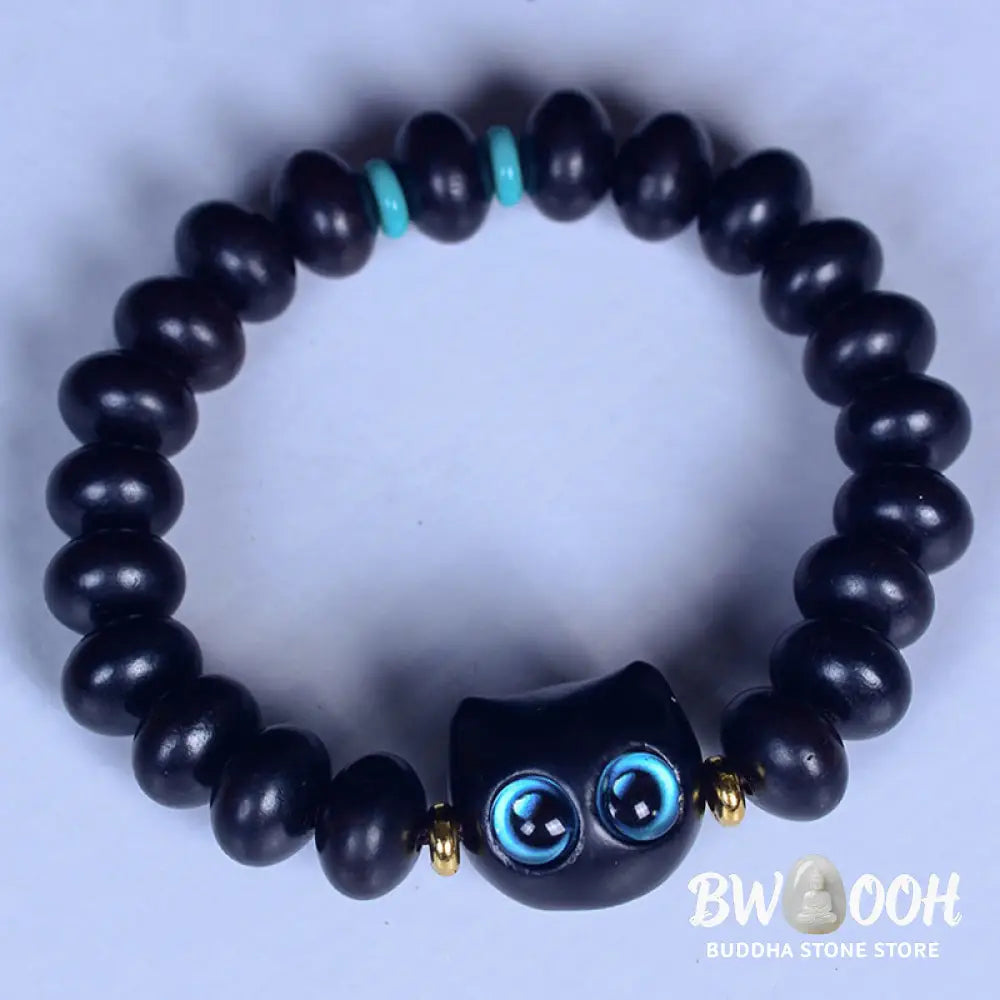 Buddha Stones Ebony Wood Liuli Glass Lovely Cat Peace Balance Bracelet - BWOOOH - Bracelet