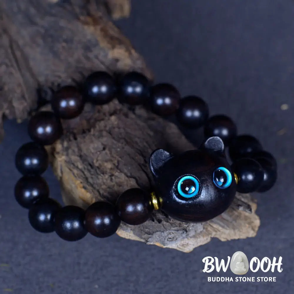 Buddha Stones Ebony Wood Liuli Glass Lovely Cat Peace Balance Bracelet - BWOOOH - Bracelet