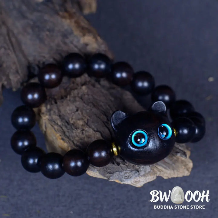 Buddha Stones Ebony Wood Liuli Glass Lovely Cat Peace Balance Bracelet - BWOOOH - Bracelet