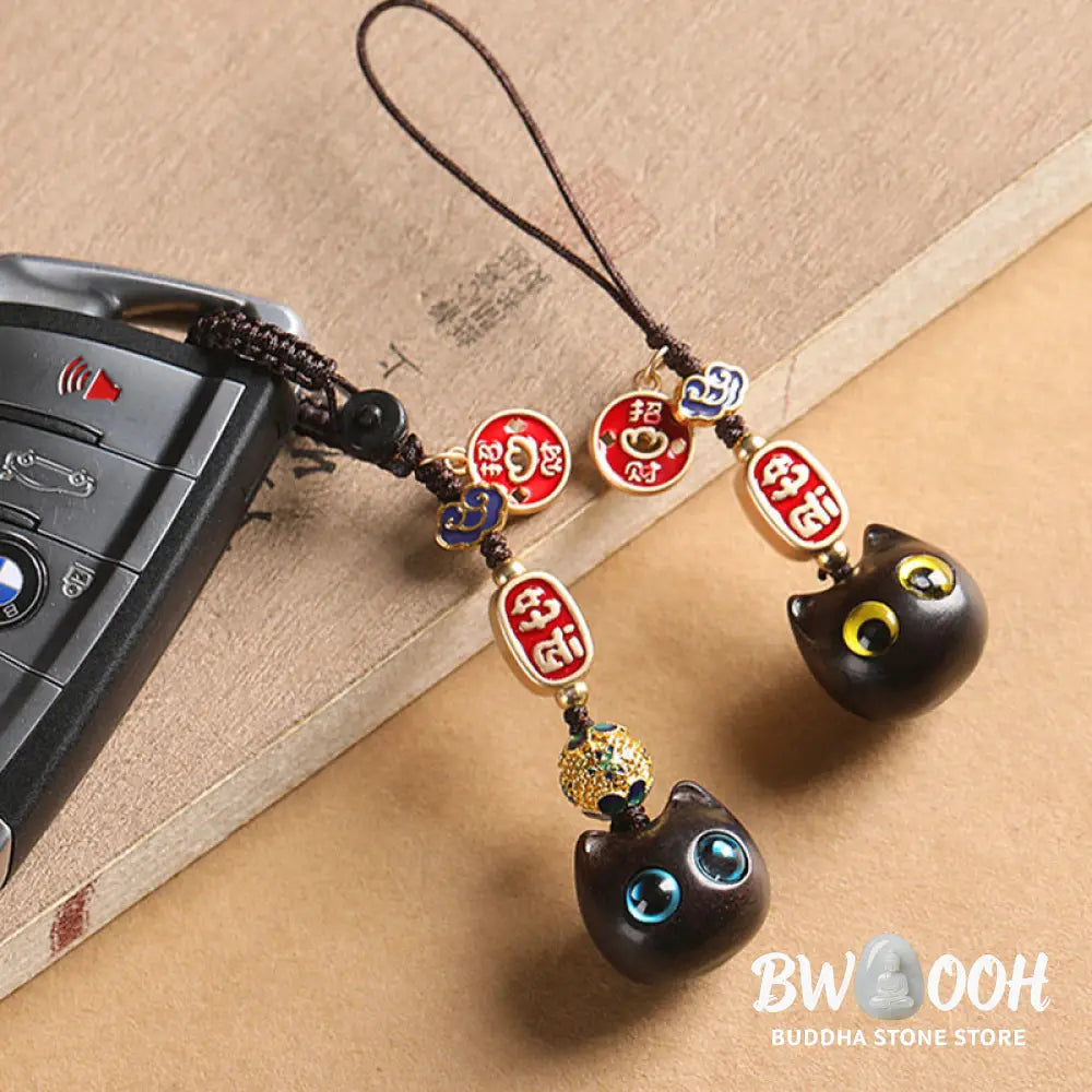 Buddha Stones Ebony Wood Lucky Cat Auspicious Cloud Peace Key Chain Phone Hanging Decoration - Key Chain
