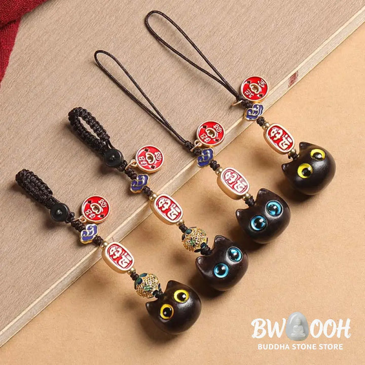 Buddha Stones Ebony Wood Lucky Cat Auspicious Cloud Peace Key Chain Phone Hanging Decoration - Key Chain