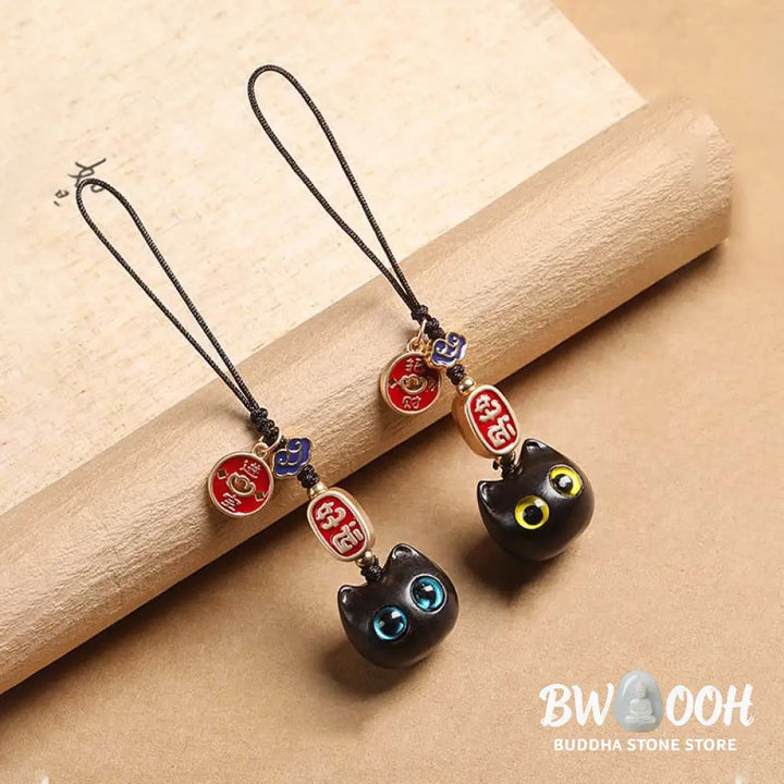 Buddha Stones Ebony Wood Lucky Cat Auspicious Cloud Peace Key Chain Phone Hanging Decoration - Key Chain