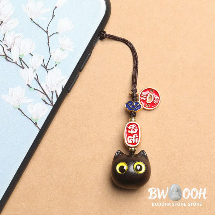 Buddha Stones Ebony Wood Lucky Cat Auspicious Cloud Peace Key Chain Phone Hanging Decoration - Key Chain