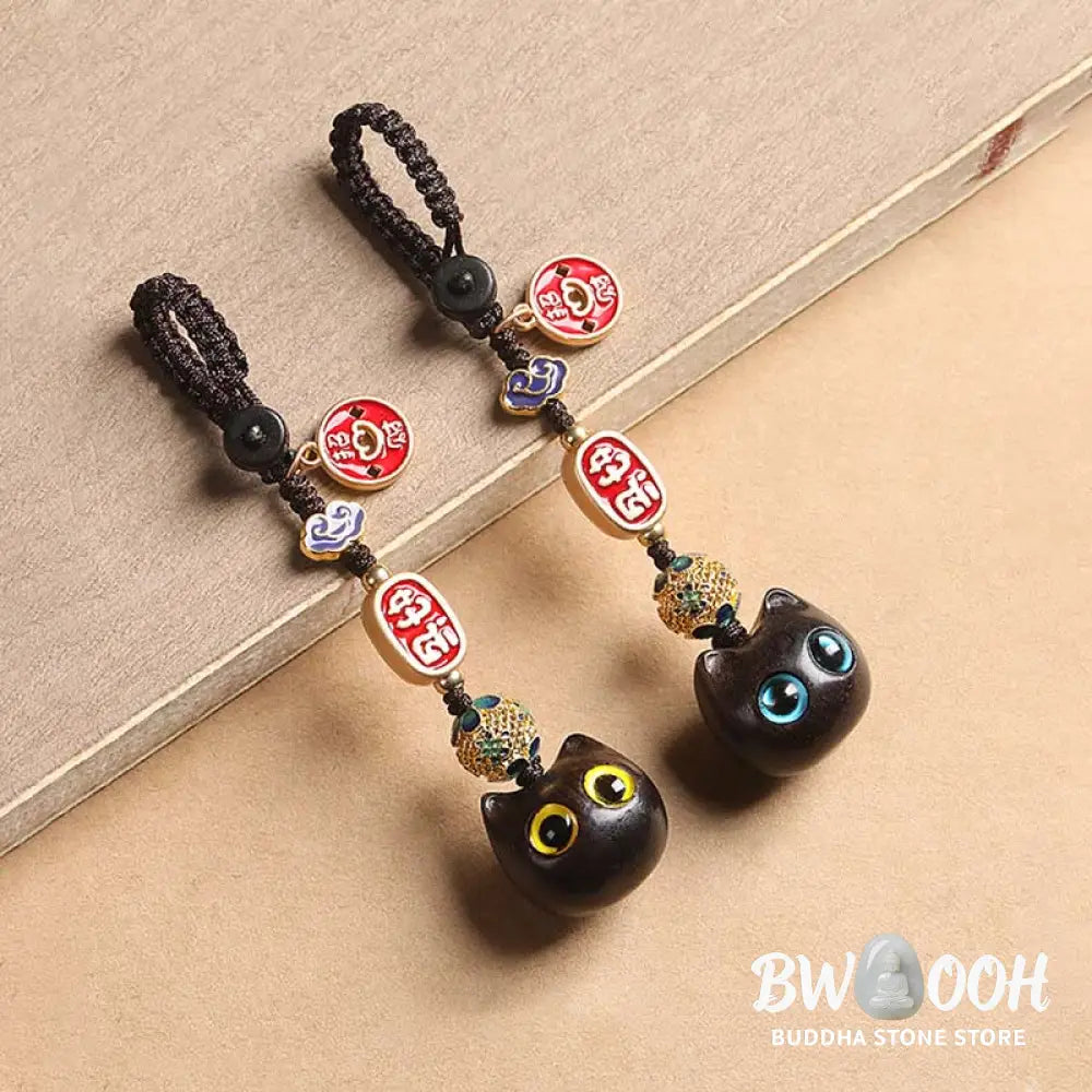 Buddha Stones Ebony Wood Lucky Cat Auspicious Cloud Peace Key Chain Phone Hanging Decoration - Key Chain