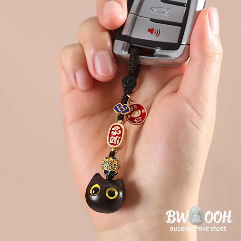 Buddha Stones Ebony Wood Lucky Cat Auspicious Cloud Peace Key Chain Phone Hanging Decoration - Key Chain