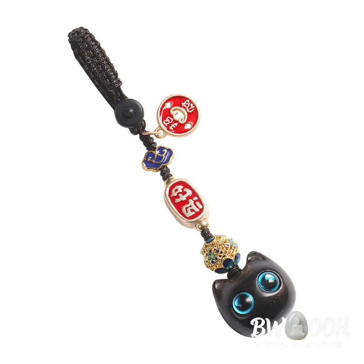Buddha Stones Ebony Wood Lucky Cat Auspicious Cloud Peace Key Chain Phone Hanging Decoration - Key Chain