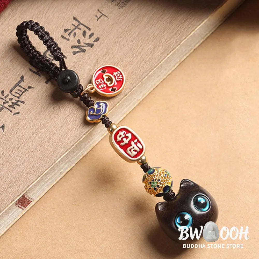 Buddha Stones Ebony Wood Lucky Cat Auspicious Cloud Peace Key Chain Phone Hanging Decoration - Key Chain
