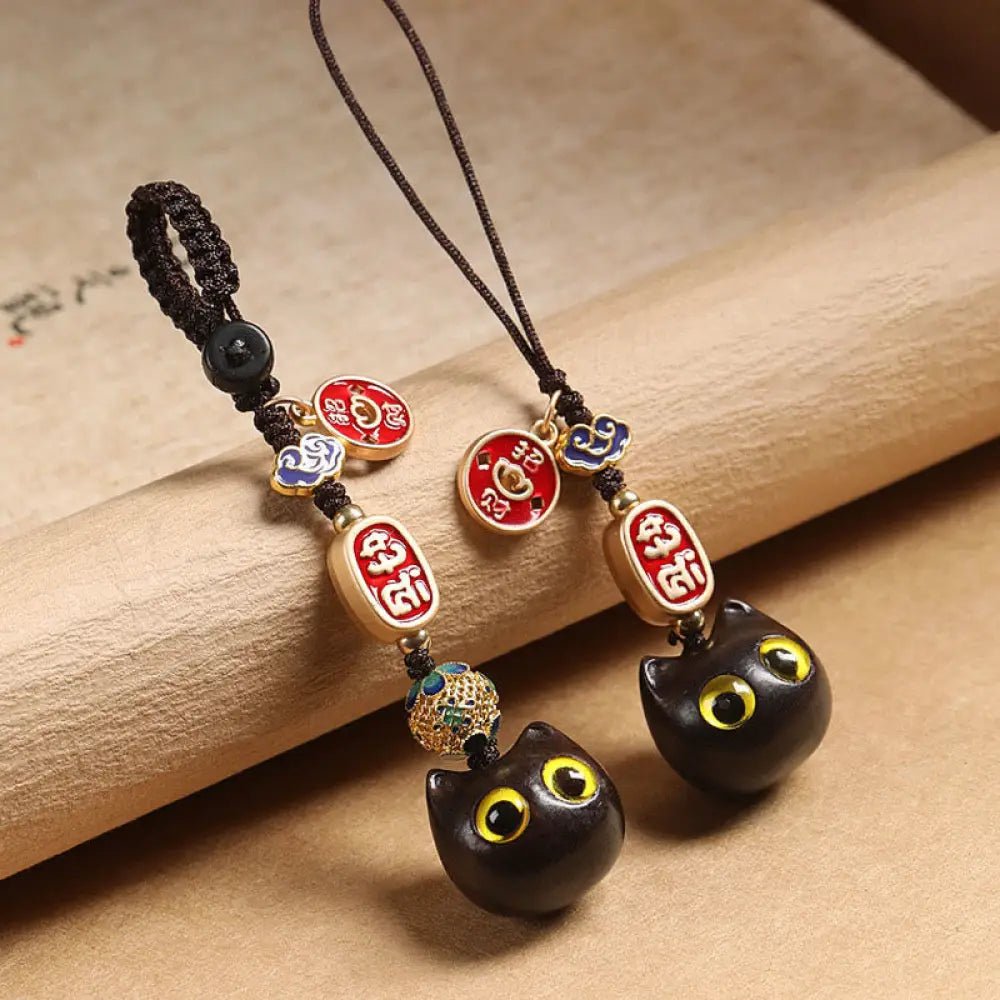 BWOOOH Ebony Wood Lucky Cat Auspicious Cloud Peace Key Ch