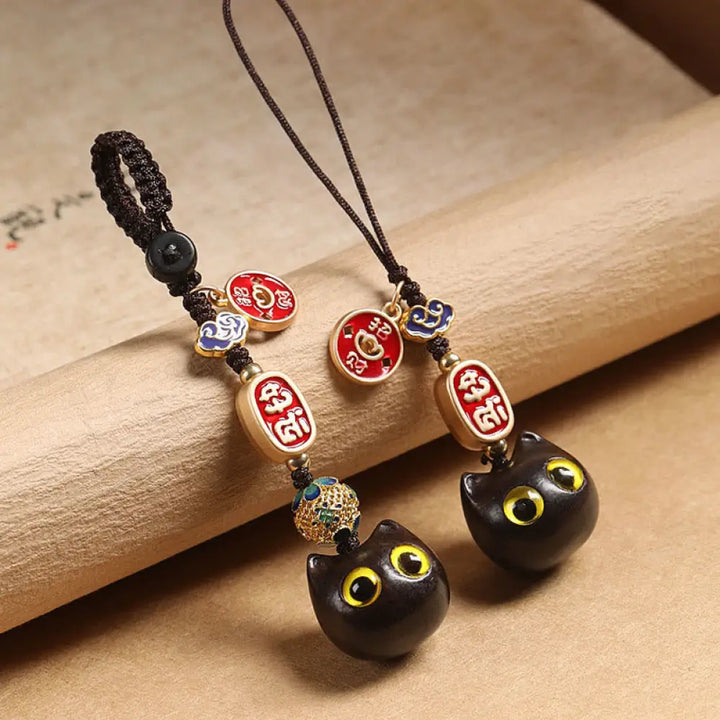 BWOOOH Ebony Wood Lucky Cat Auspicious Cloud Peace Key Ch