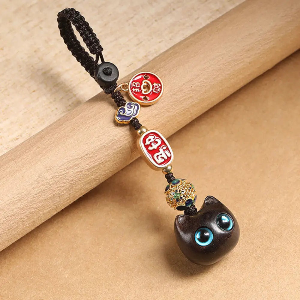 Buddha Stones Ebony Wood Lucky Cat Auspicious Cloud Peace Key Chain Phone Hanging Decoration - Blue Eyes Cat / Key