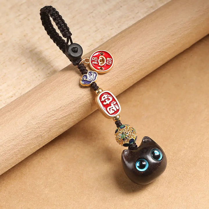Buddha Stones Ebony Wood Lucky Cat Auspicious Cloud Peace Key Chain Phone Hanging Decoration - Blue Eyes Cat / Key