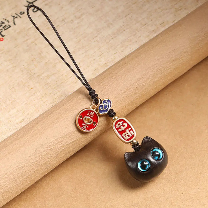 Buddha Stones Ebony Wood Lucky Cat Auspicious Cloud Peace Key Chain Phone Hanging Decoration - Blue Eyes Cat / Phone