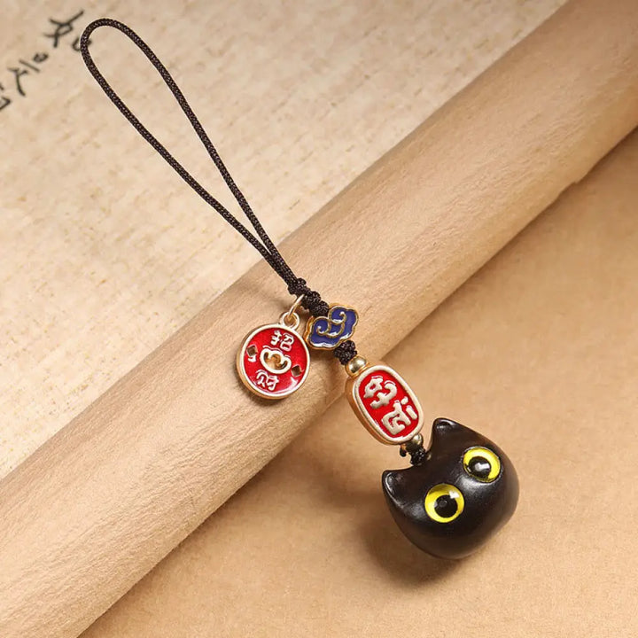 Buddha Stones Ebony Wood Lucky Cat Auspicious Cloud Peace Key Chain Phone Hanging Decoration - Yellow Eyes Cat / Phone