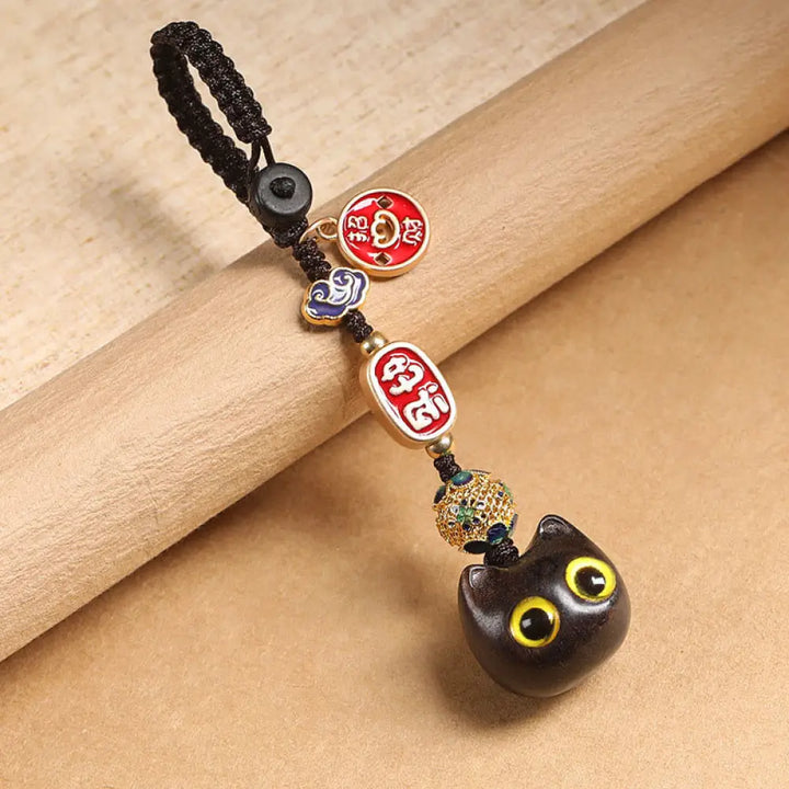 Buddha Stones Ebony Wood Lucky Cat Auspicious Cloud Peace Key Chain Phone Hanging Decoration - Yellow Eyes Cat / Key