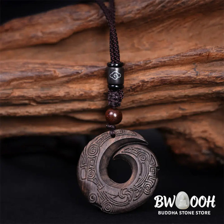 Buddha Stones Ebony Wood Sandalwood One’s Luck Improves Design Pattern Peace Necklace Pendant - BWOOOH - Necklaces &amp;