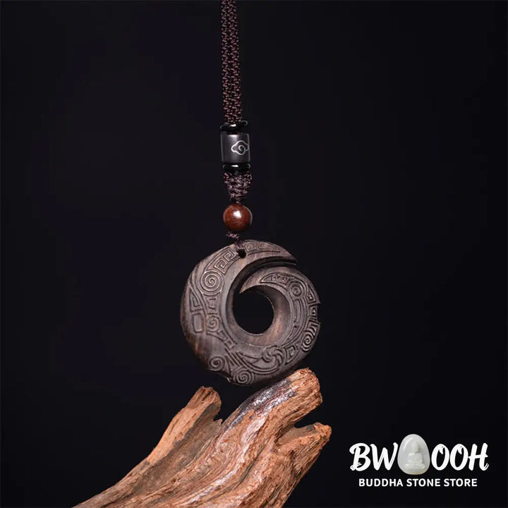 Buddha Stones Ebony Wood Sandalwood One’s Luck Improves Design Pattern Peace Necklace Pendant - BWOOOH - Necklaces &amp;
